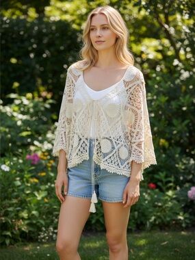 Origami Women's Cream Crochet Tie-Front Top